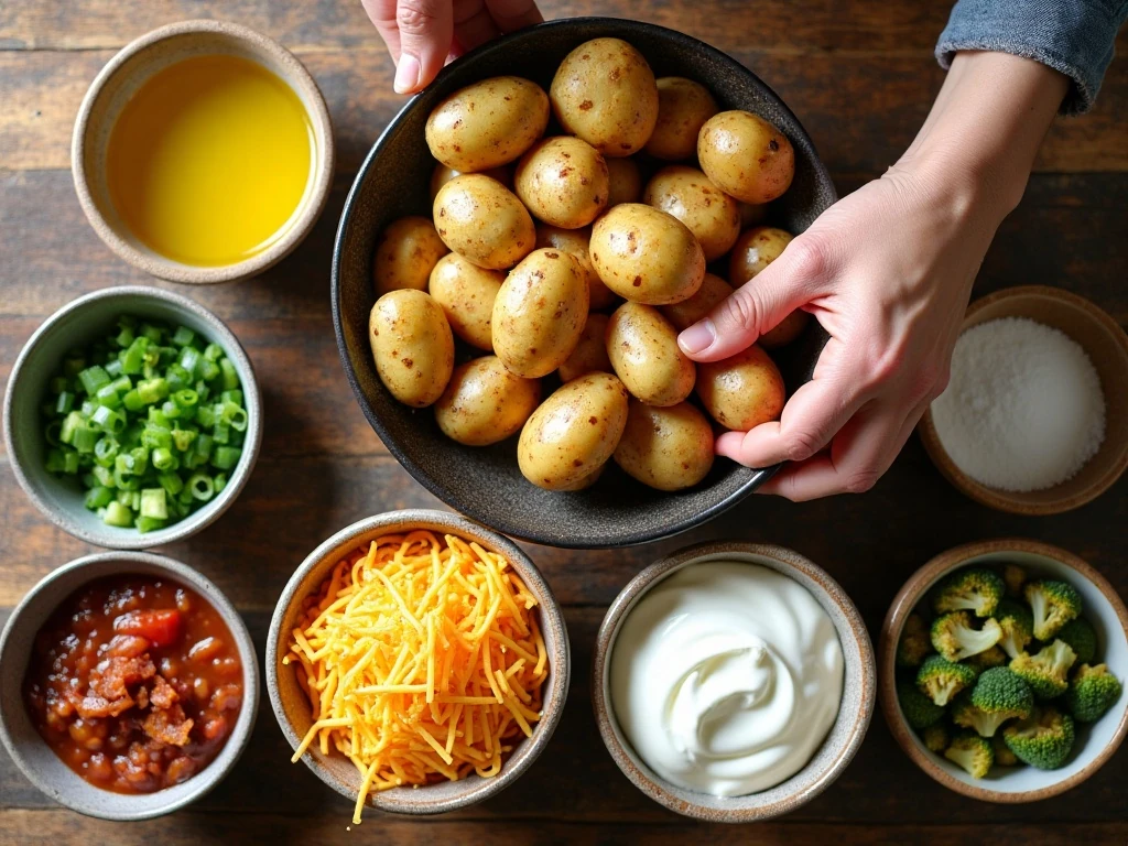 Ingredients for an easy baked potato bar with russet potatoes and assorted toppings