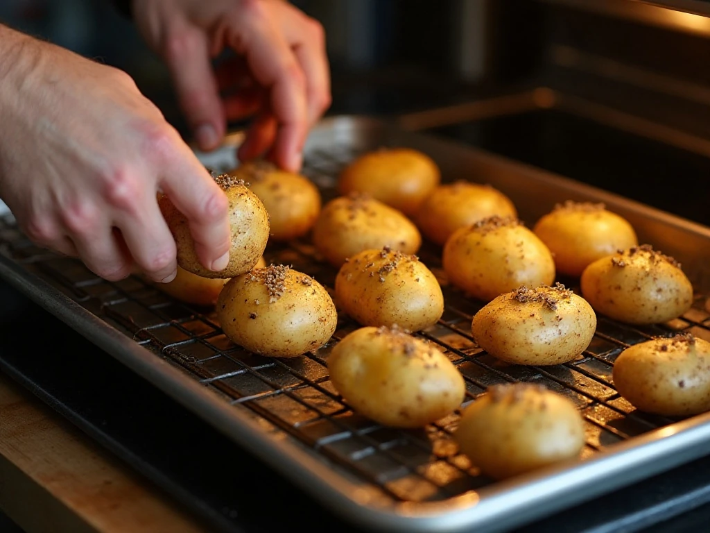 Russet potatoes baking directly on the oven rack for crisp skins