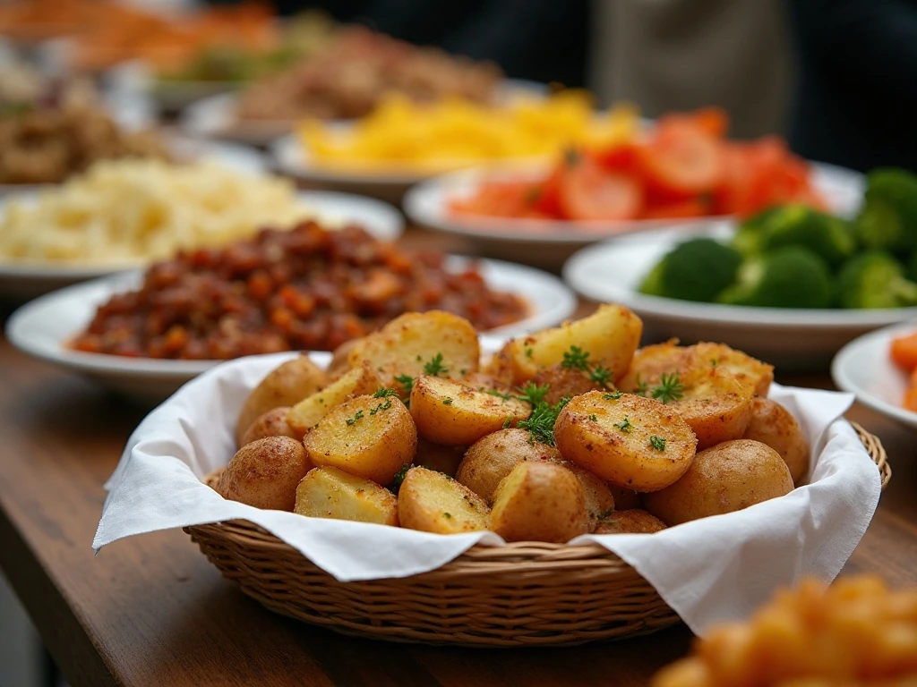 Complete baked potato bar buffet arranged with hot potatoes and topping bowls