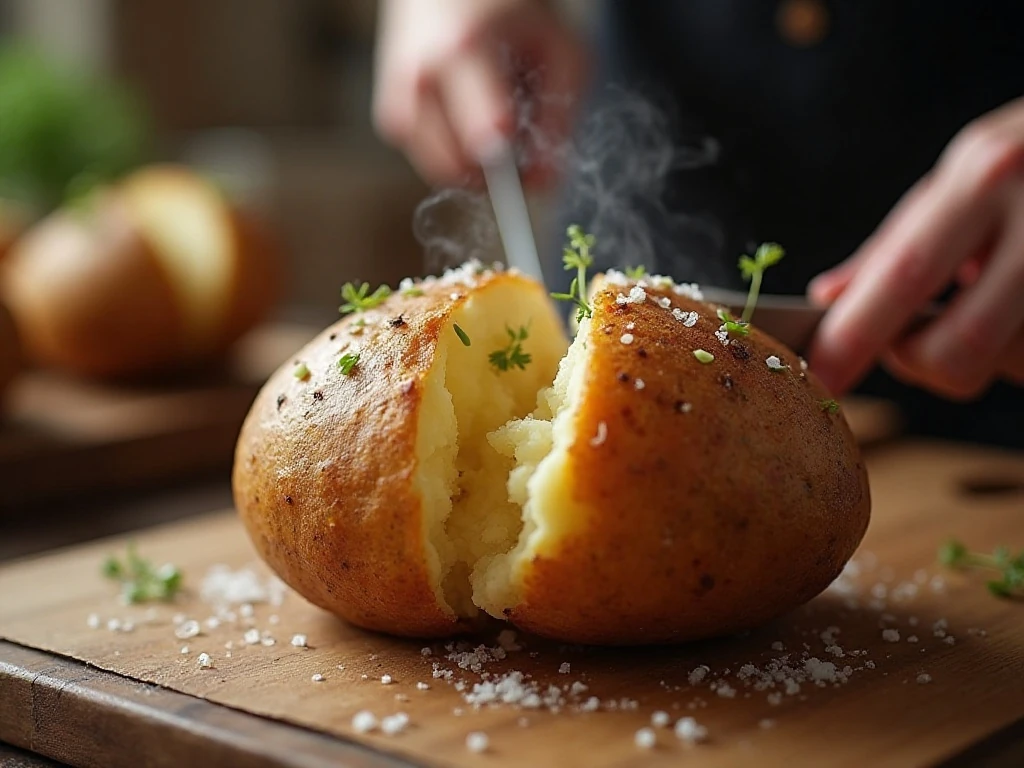 Crisp baked potato being opened to reveal a fluffy center