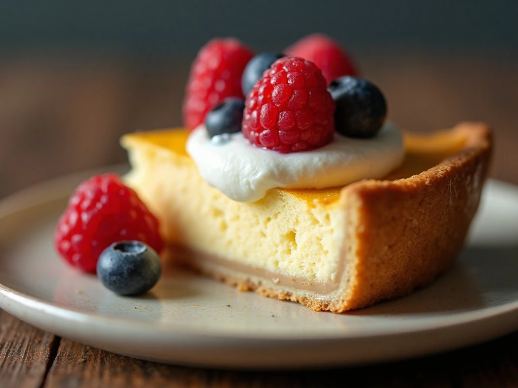 Slice of pie served with whipped cream and berries