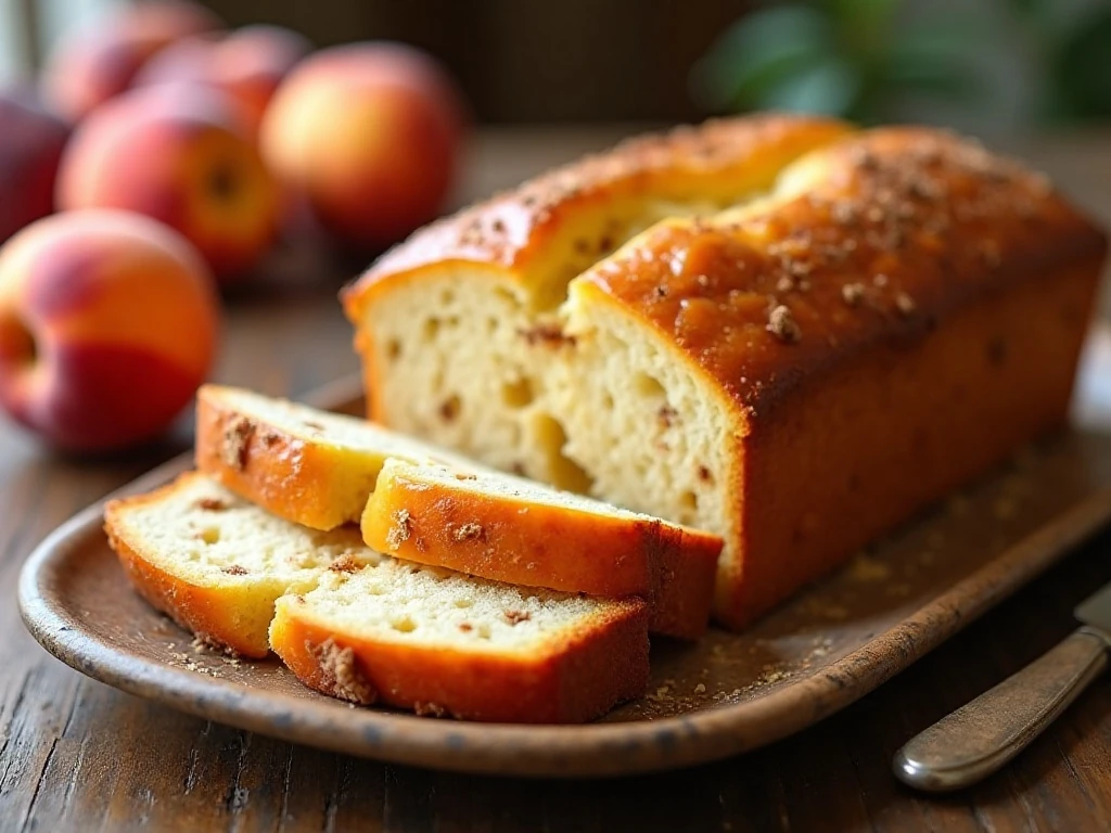 Sliced homemade peach bread with fresh peach pieces