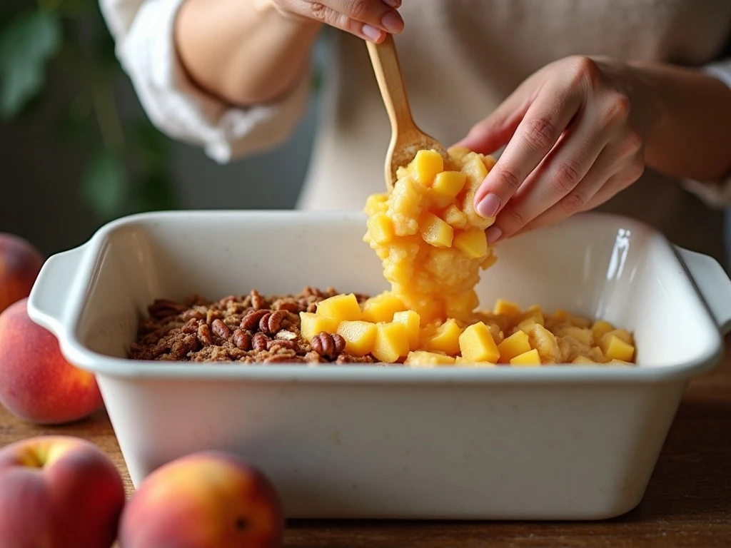 Folding chopped peaches into peach bread batter