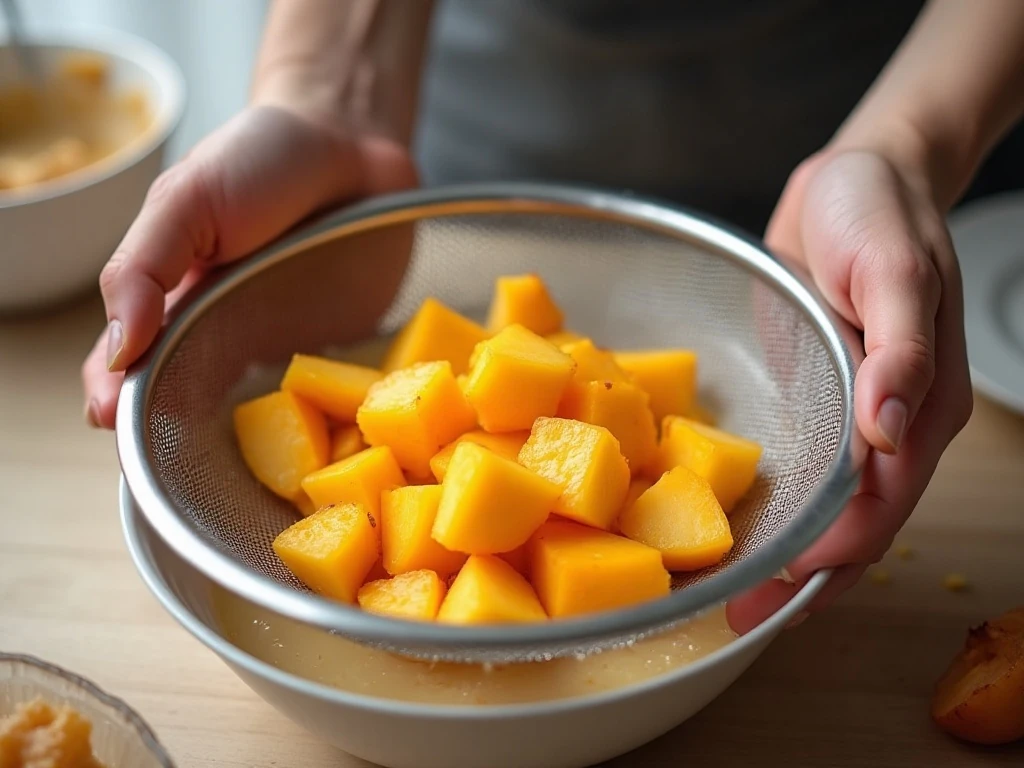 Draining juicy peaches before making peach bread