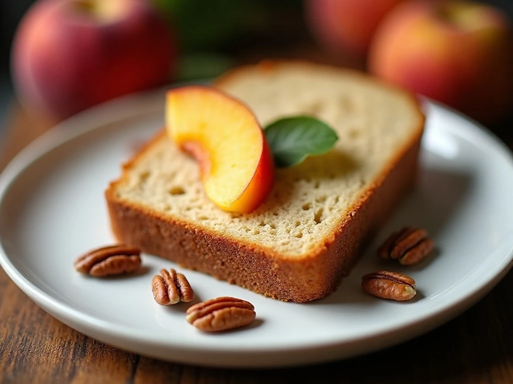 Peach bread slice served with fresh peaches and pecans