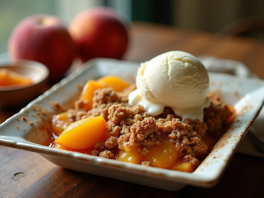 Warm peach crisp with a golden oat topping and vanilla ice cream