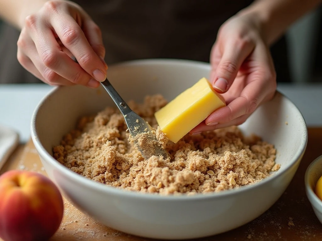 Making the buttery oat crumble topping for peach crisp