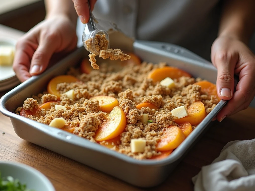 Craggy oat topping scattered over peach filling