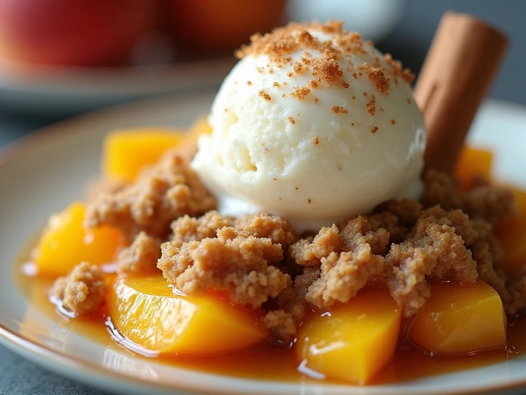 Peach crisp served warm with vanilla ice cream