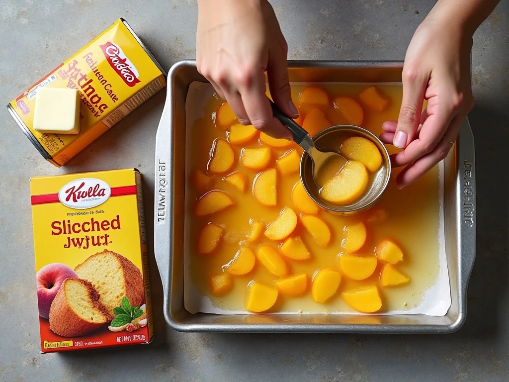 Three ingredients for easy peach dump cake arranged beside a baking dish