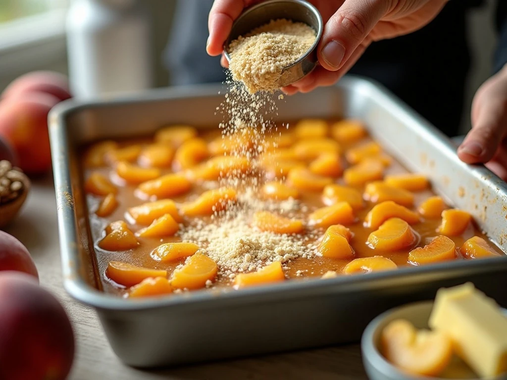 Layering peaches and dry cake mix for a three-ingredient peach dessert