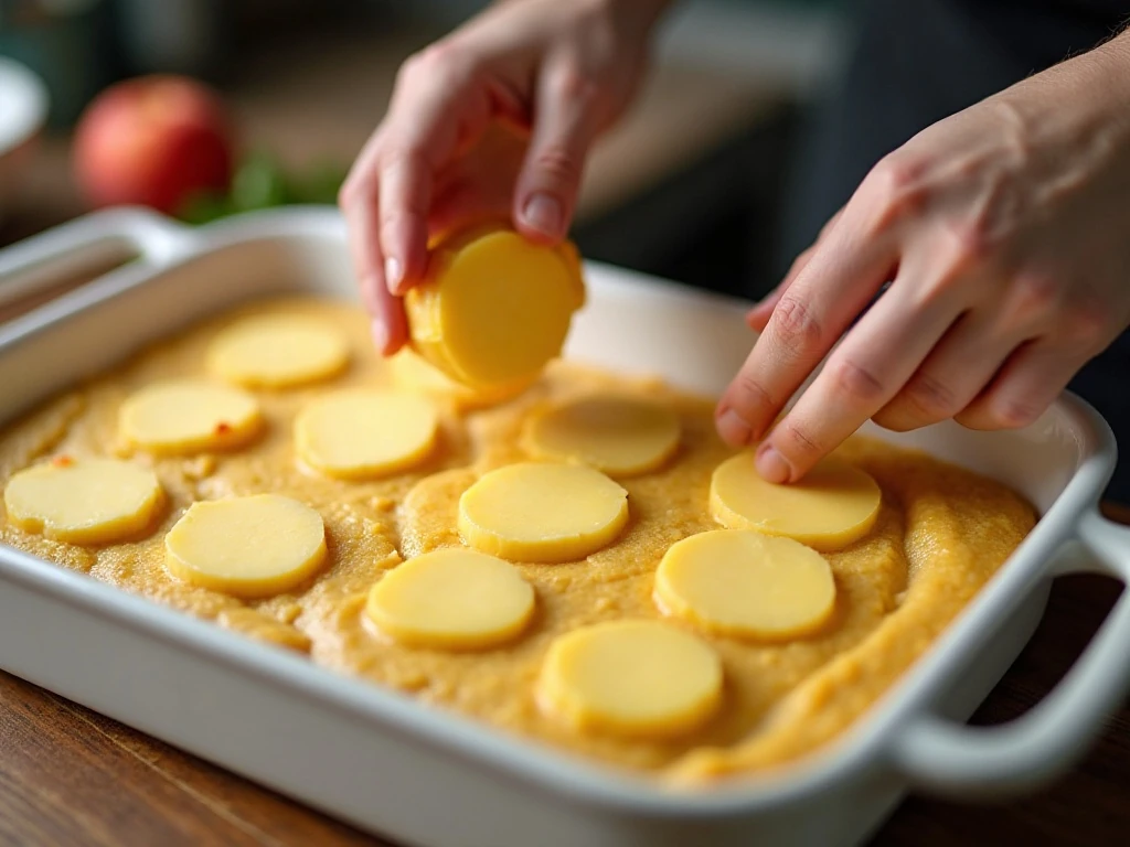 Thin butter slices spread across cake mix before baking peach dump cake