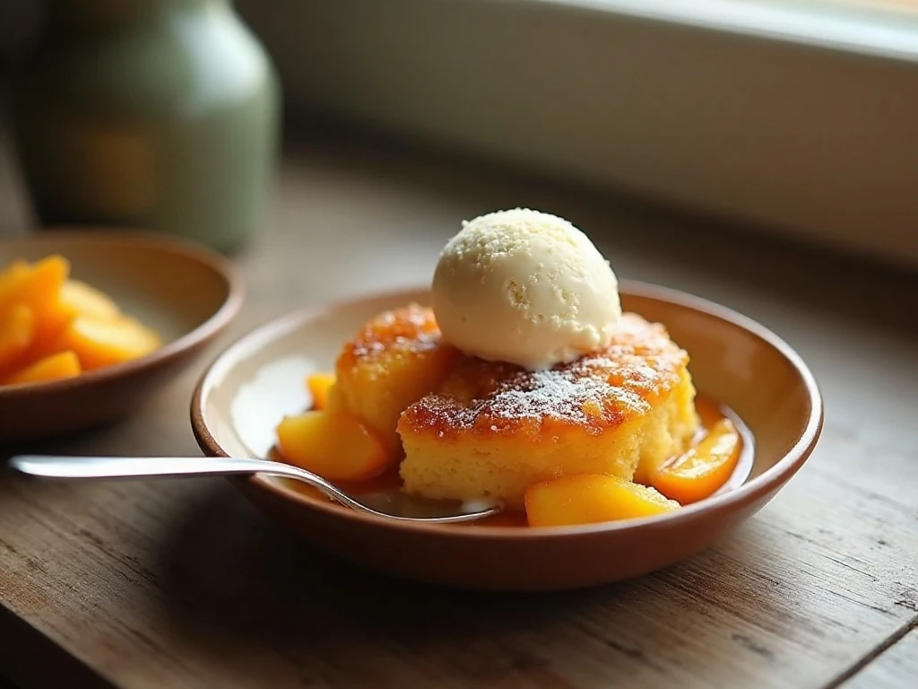 Warm peach dump cake served with vanilla ice cream