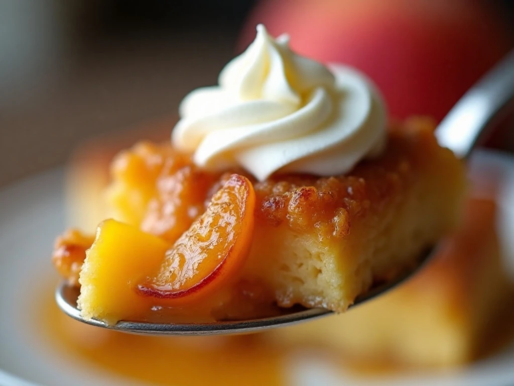 Close-up spoonful of peach dump cake with fruit and golden topping
