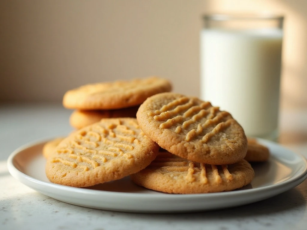 Plate of easy three-ingredient peanut butter cookies with fork marks