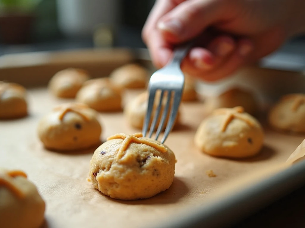 Fork pressing crisscross marks into peanut butter cookie dough