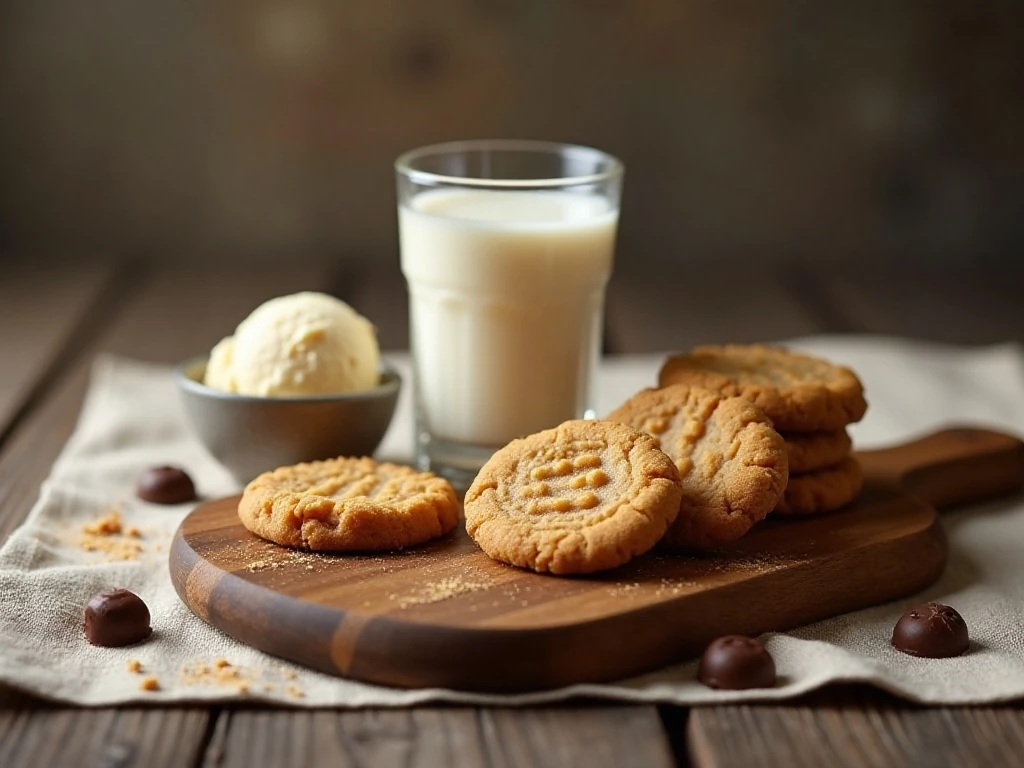 Peanut butter cookies served with milk coffee and ice cream