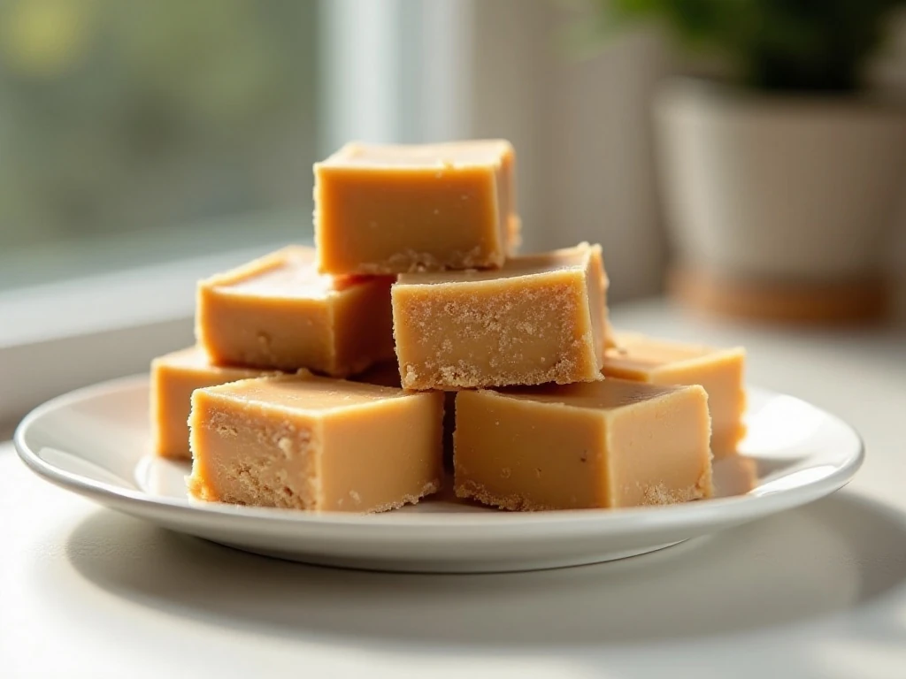 Stacked creamy peanut butter fudge squares on a white plate