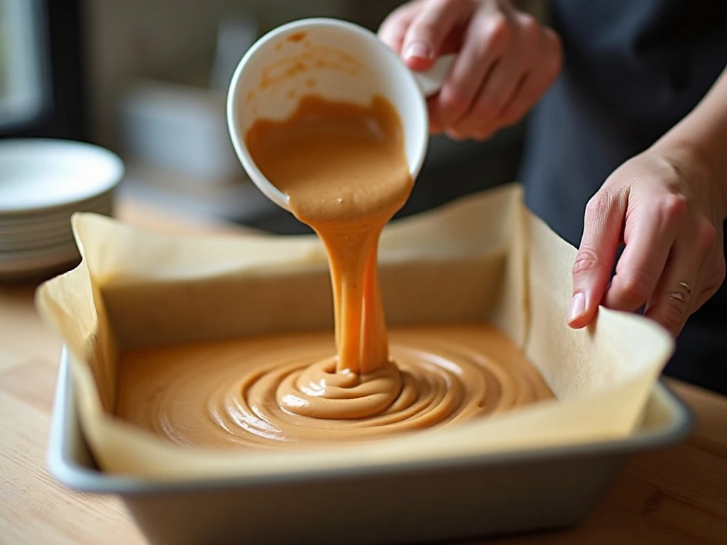 Stirring melted peanut butter fudge mixture before pressing it into a pan