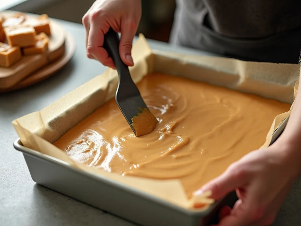 Smooth peanut butter fudge pressed into a lined square pan
