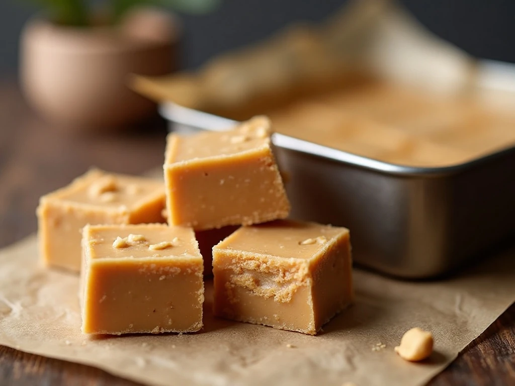 Close-up of neatly cut peanut butter fudge squares