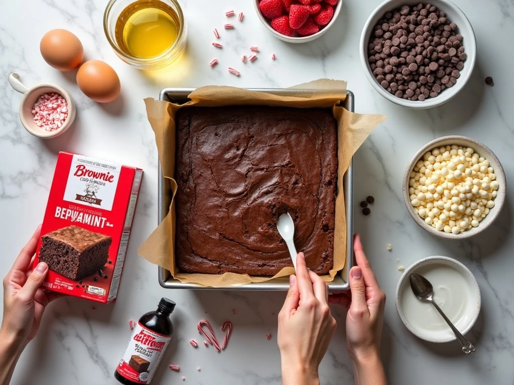 Ingredients for easy peppermint brownies arranged on a kitchen counter