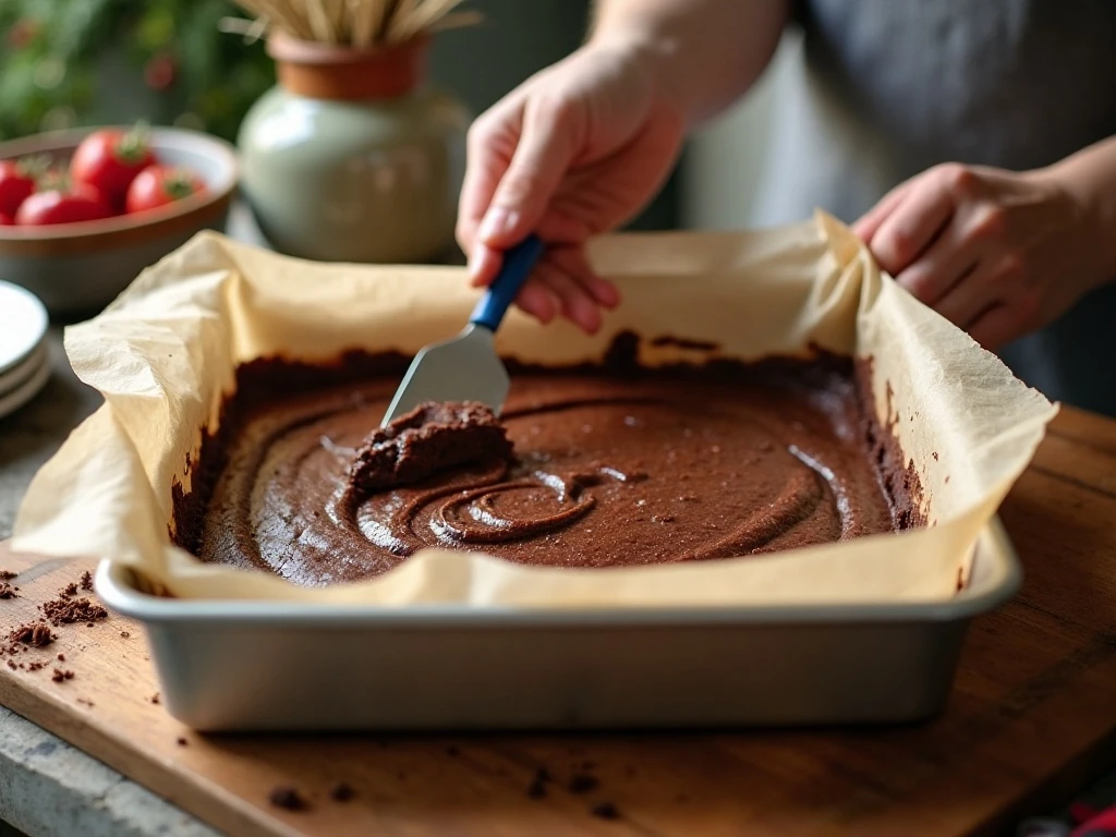 Spreading peppermint brownie batter in a prepared baking pan
