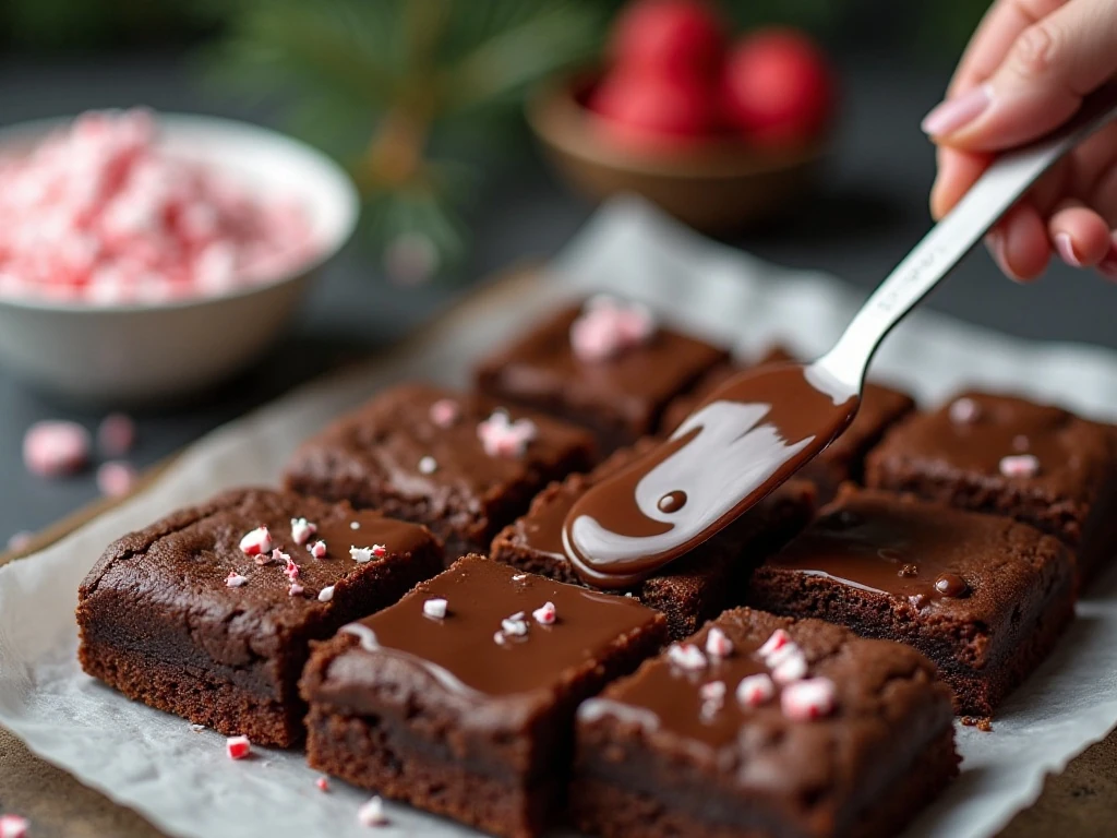 Spreading melted chocolate over cooled peppermint brownies