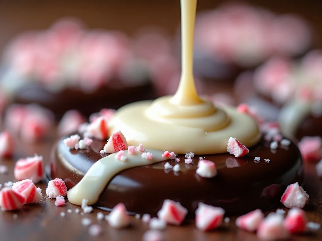 White chocolate drizzle and crushed peppermint topping on brownies