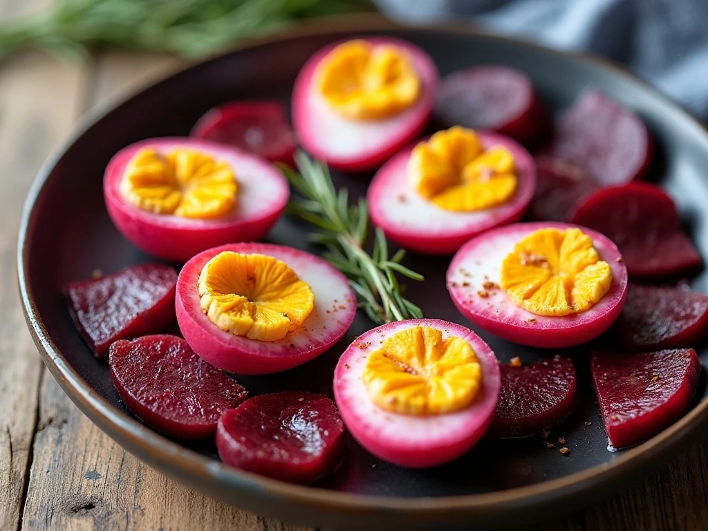 Halved pickled red beet eggs served with beets and onion