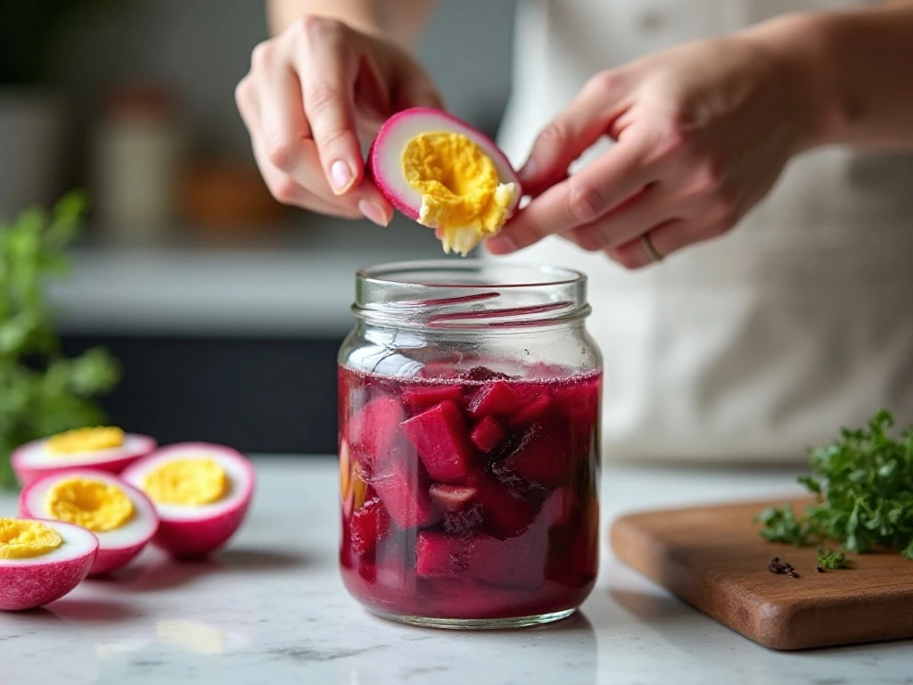 Peeled eggs and beets arranged in a jar for pickling
