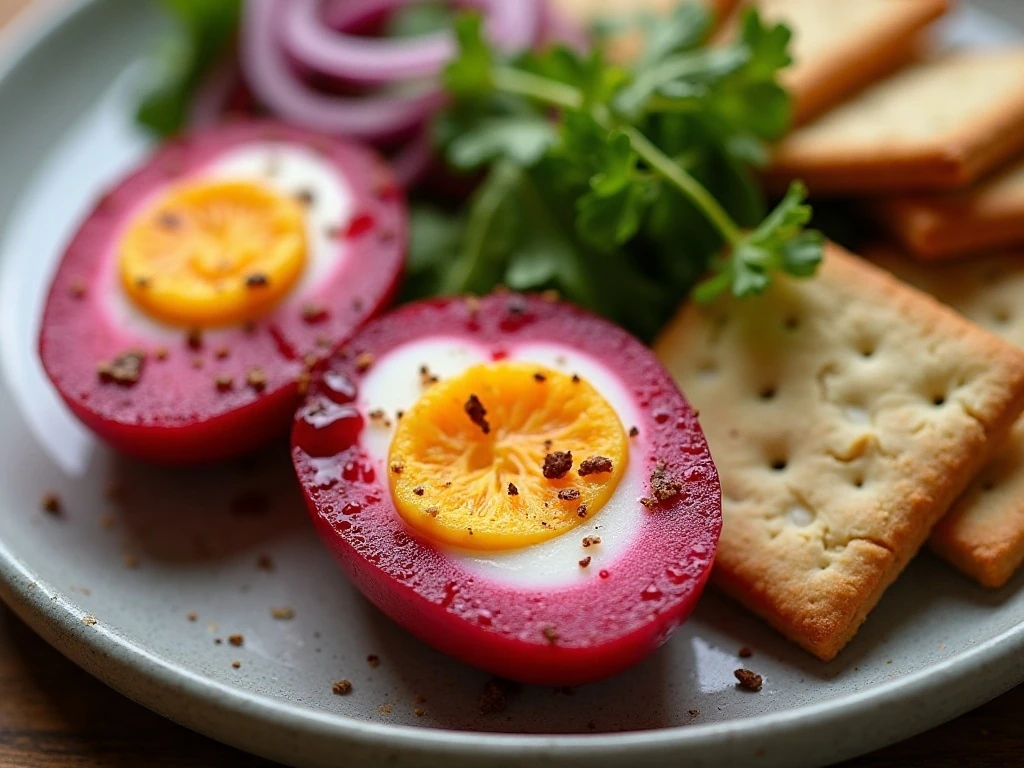 Pickled beet eggs on a brunch and picnic platter