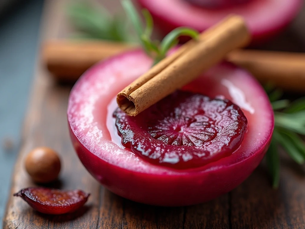 Close-up of a pickled red beet egg with onion and spices