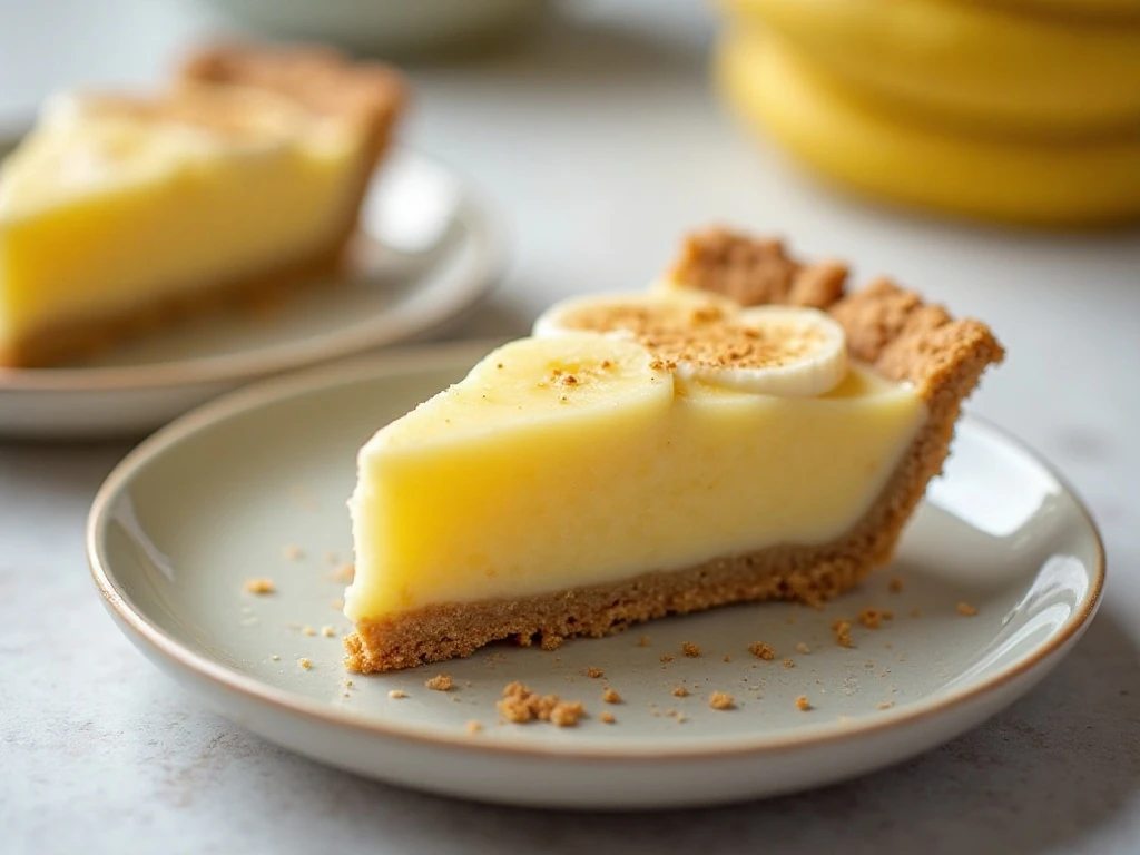 Slice of creamy pineapple banana dessert pie with a graham-cracker crust