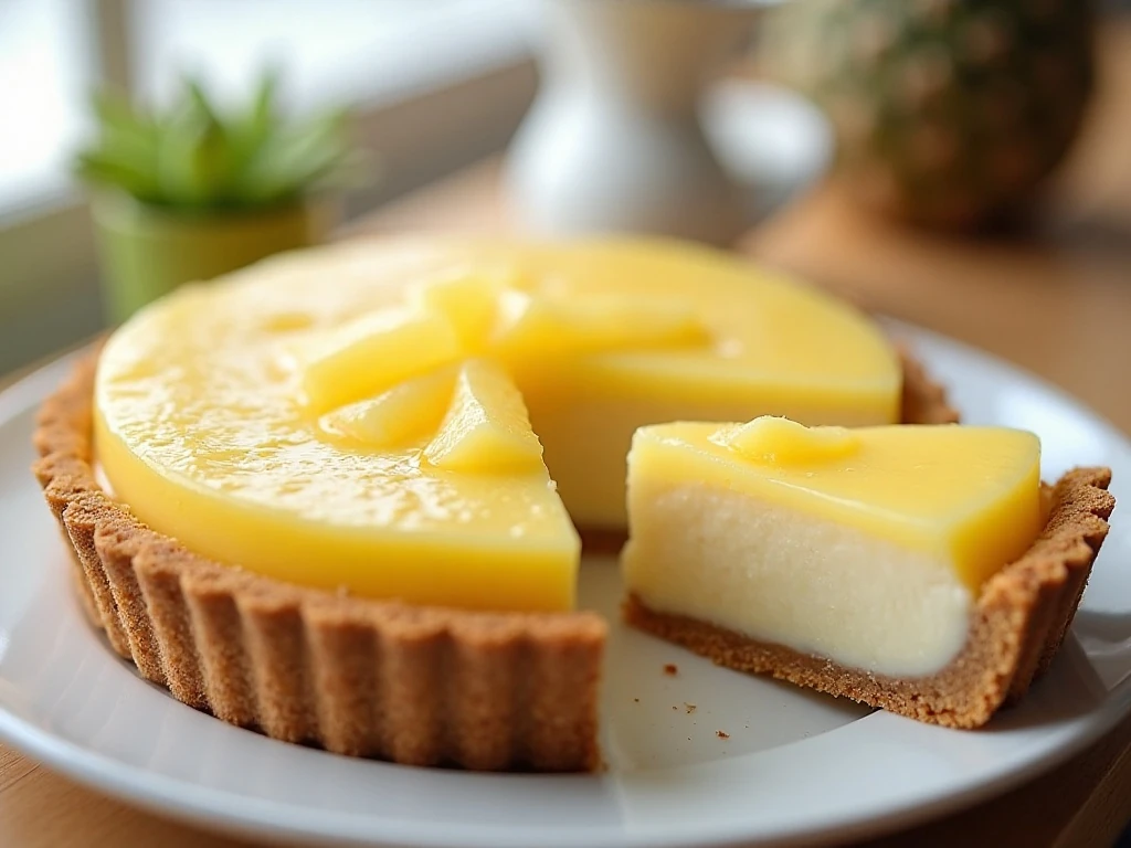 Whole easy pineapple dessert pie with one creamy slice