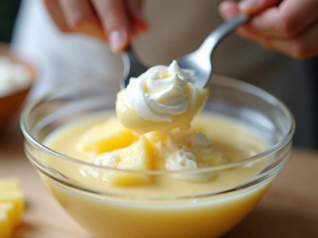 Folding whipped topping into pineapple pudding filling