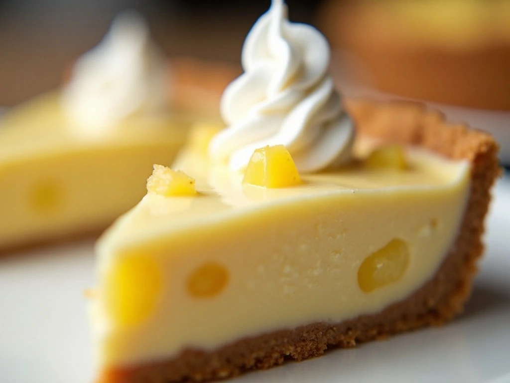 Close-up of creamy pineapple pie texture and graham crust