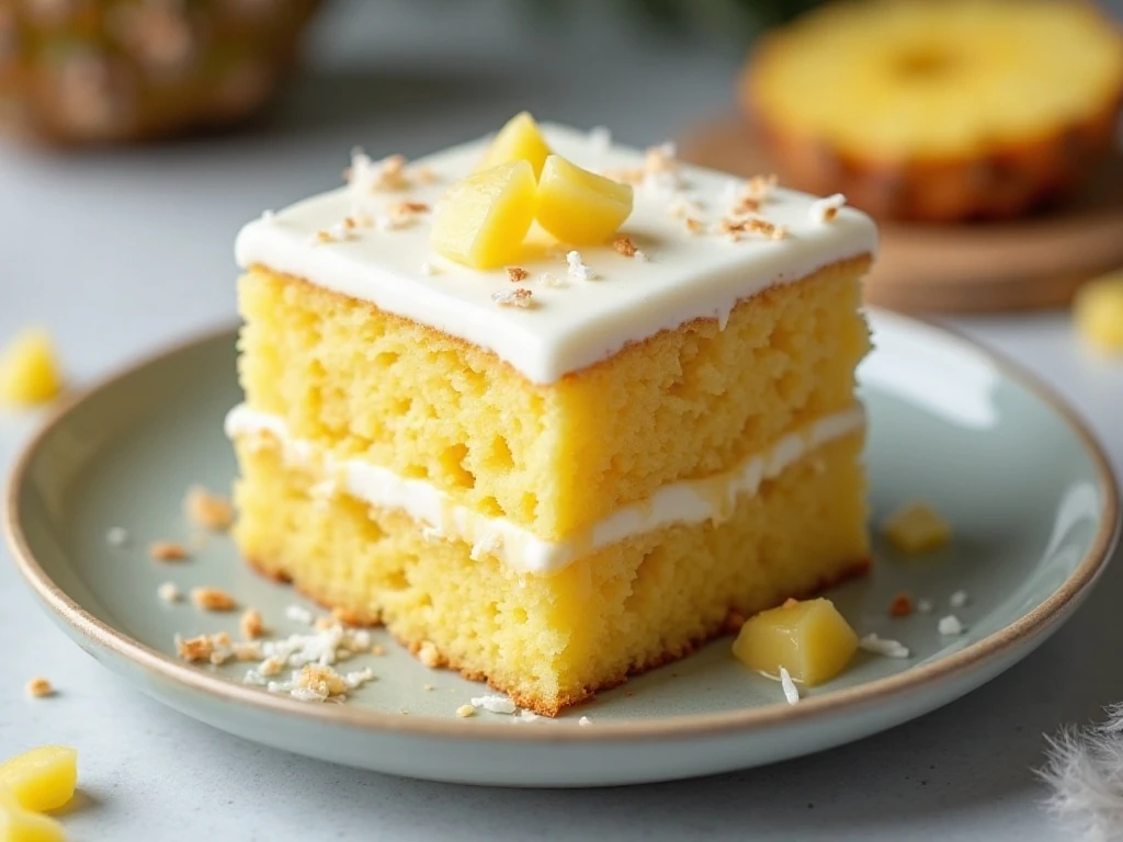 Slice of moist pineapple lush cake with vanilla pudding topping