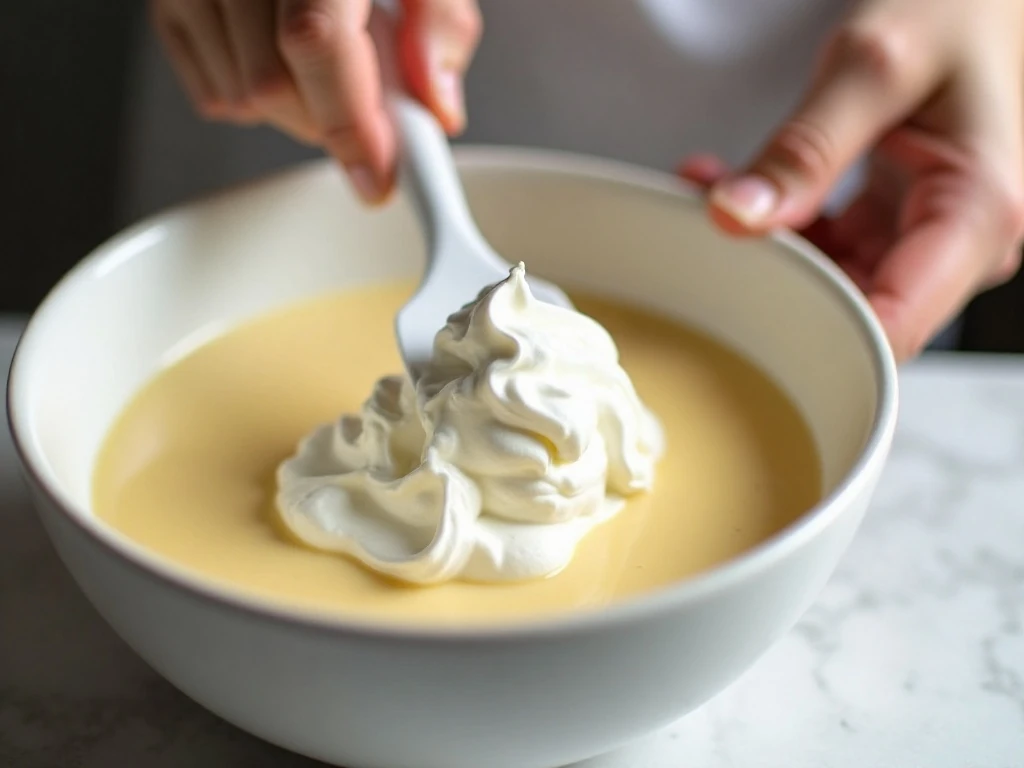 Vanilla pudding and whipped topping being folded together