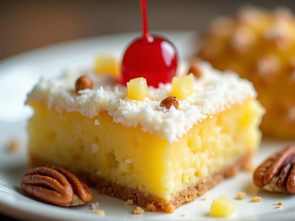 Pineapple lush cake decorated with coconut pecans and cherry
