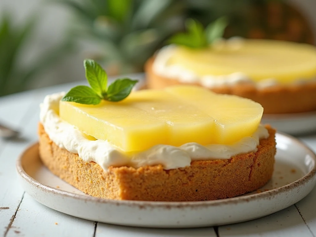 Whole no-bake pineapple pie with a slice showing its creamy tropical filling