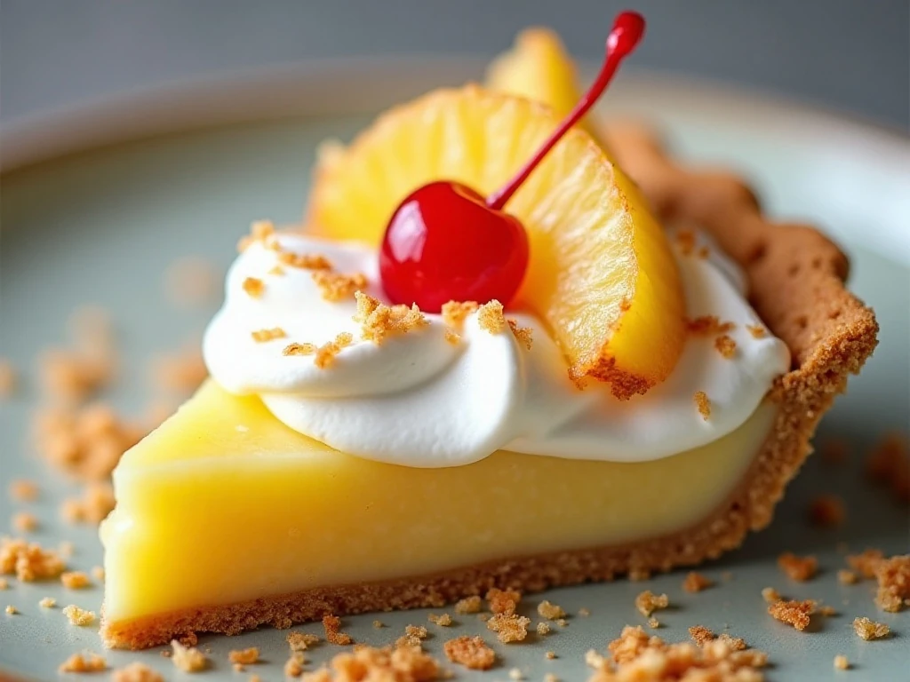 Pineapple pie slice with whipped topping coconut pineapple and cherry garnish