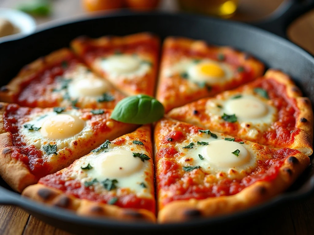 Golden pizza frittata with pepperoni and melted mozzarella in a skillet