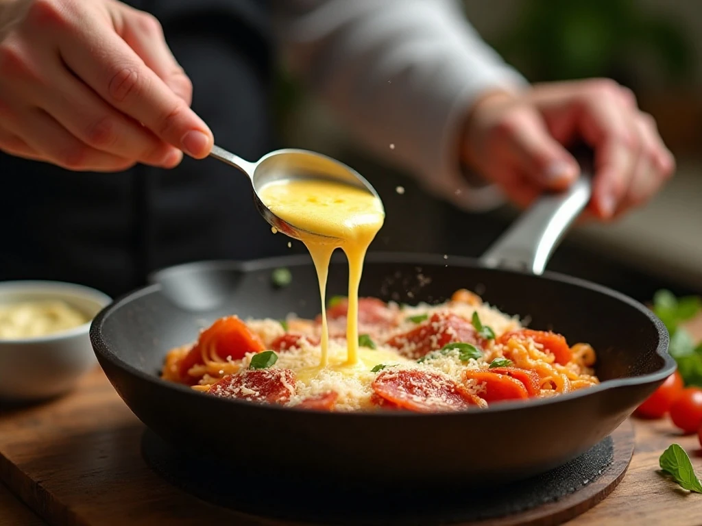 Prepared onion, garlic, pepperoni, and egg mixture for pizza frittata