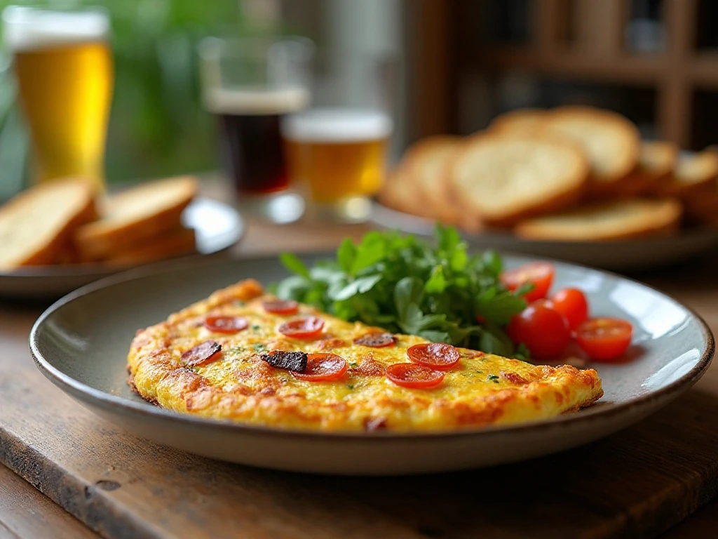 Pizza frittata served with salad and warm bread