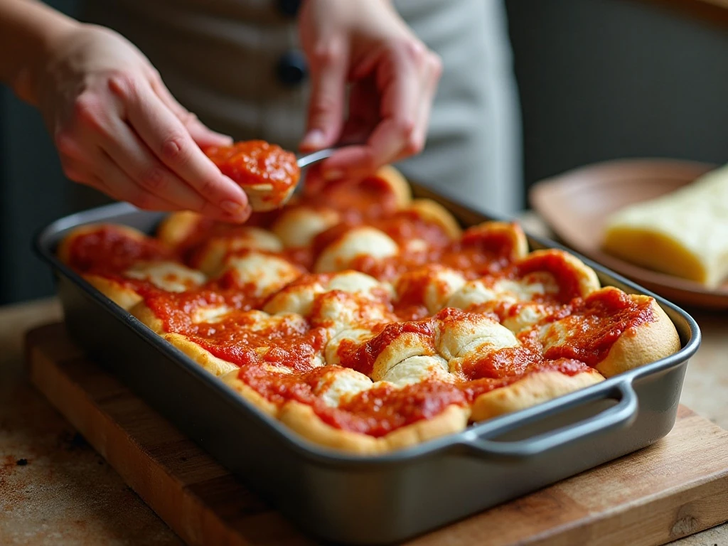 Assembling connected rolls with pizza sauce cheese and pepperoni