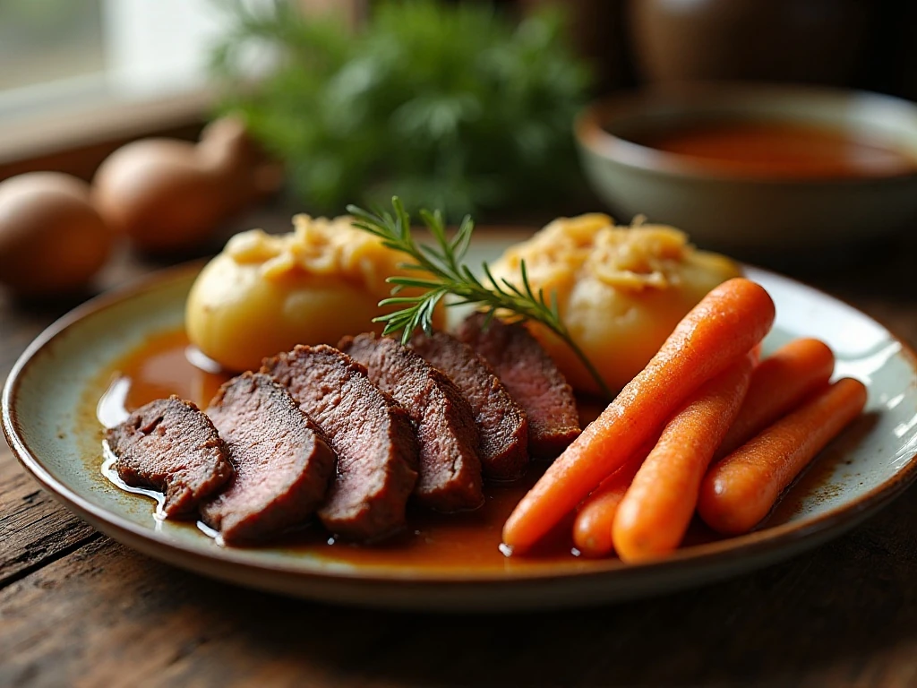 Tender pot roast with carrots potatoes and gravy