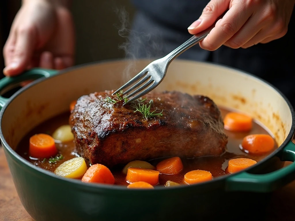 Testing pot roast for fork tenderness
