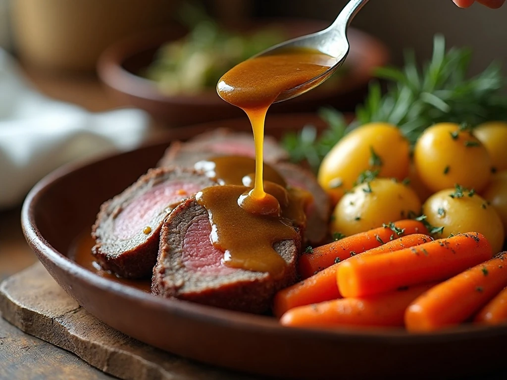 Pot roast served with gravy and fresh herbs