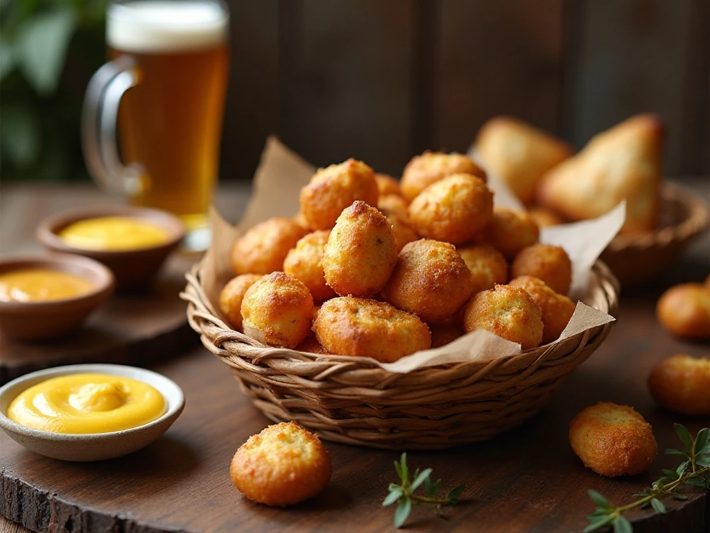 Warm homemade pretzel bites served with mustard and cheese dips
